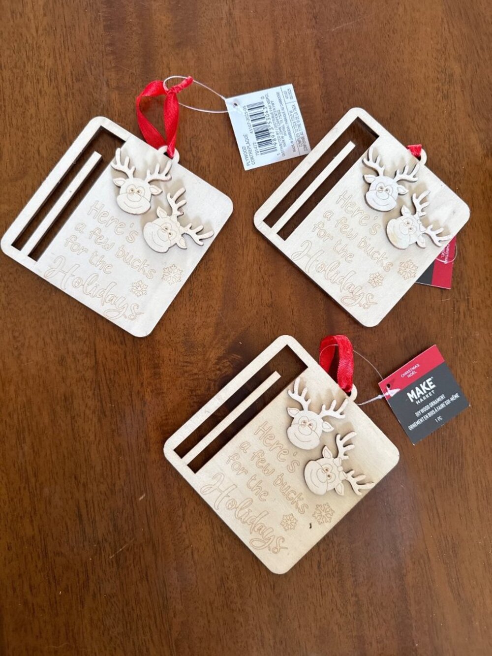 Holiday Wooden Money Gift Card Holder With Reindeer Design & Red Ribbon - “Here’